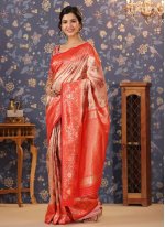 Cream Banarasi Silk Embroidered Classic Sari