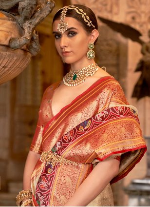Cream Banarasi Silk Meena Contemporary Sari