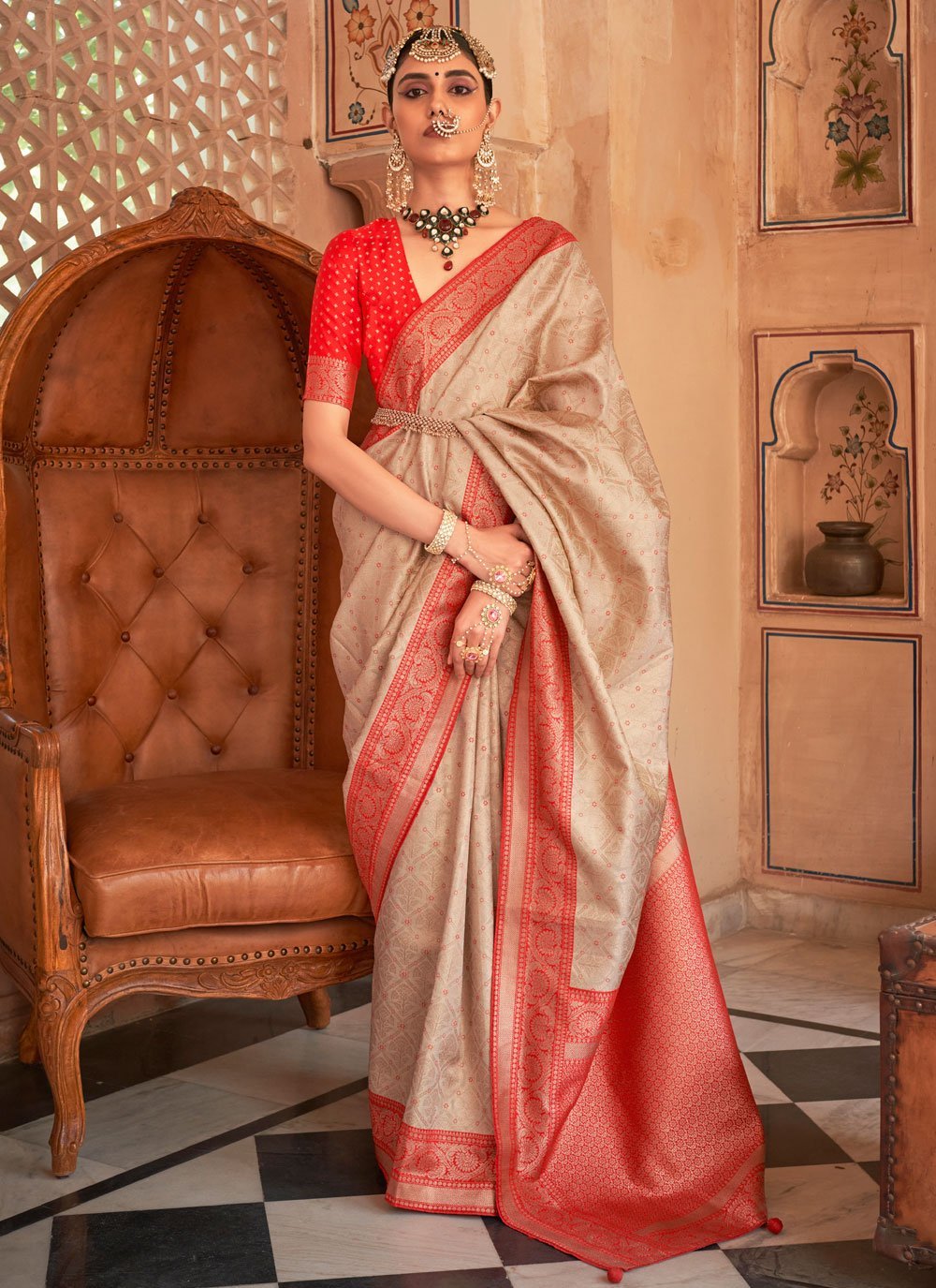 Buy Wedding Wear Cream Red Stone Work Brocade Silk Saree Online From Surat  Wholesale Shop.