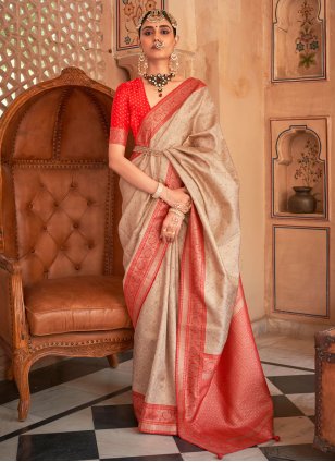 Cream Banarasi Silk Weaving Trendy Saree