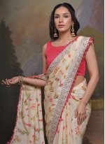 Cream Chinon Border Trendy Sari