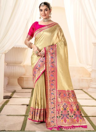 Cream Handloom Silk Jacquard Contemporary Sari
