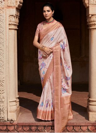 Vishal Prints Light Brown Patterned Chiffon Printed Saree With Fancy B