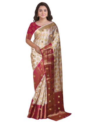 Cream Kanjivaram Silk Embroidered Classic Sari