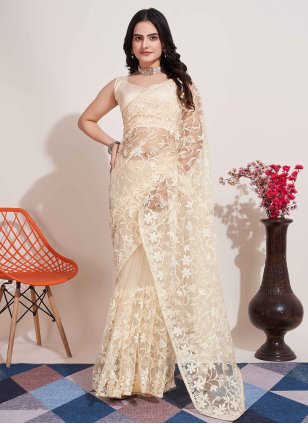 Cream Net Embroidered Contemporary Saree