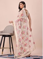Cream Net Embroidered Designer Sari