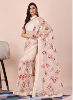 Cream Net Embroidered Designer Sari