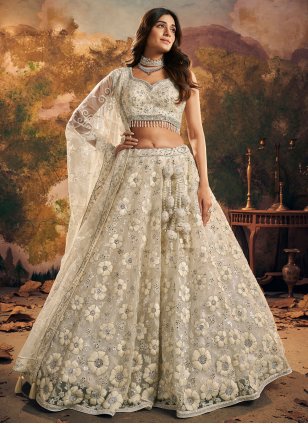 Off white Party Wear Embroidered Georgette Lehenga Choli
