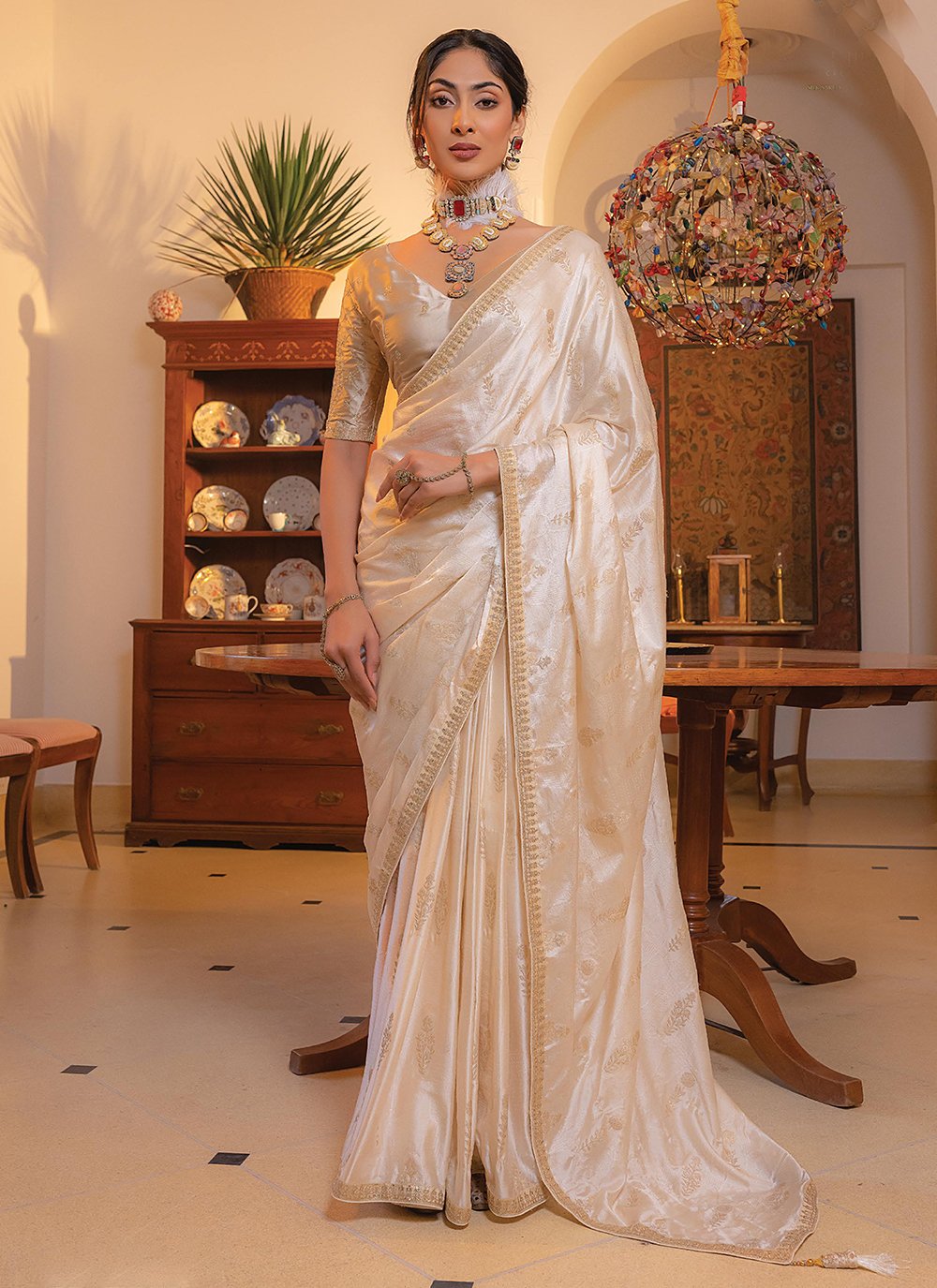 Designer Georgette Cream Saree - JSK Emporio