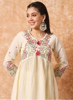 
                            Cream Viscose Embroidered Readymade Salwar Kameez