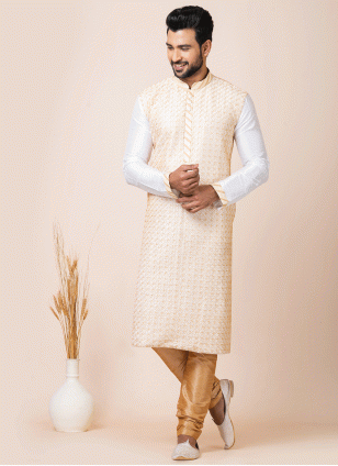 Dhupion Kurta Payjama in White for Men