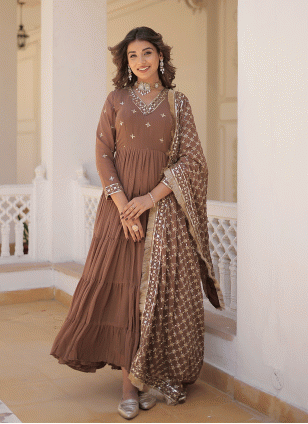 Embroidered Brown Georgette  Trendy Gown