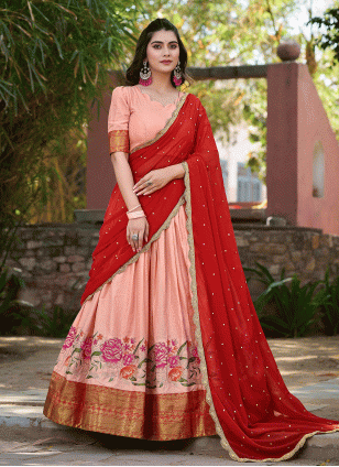 Embroidered Cotton  Lehenga Choli in Peach and Red