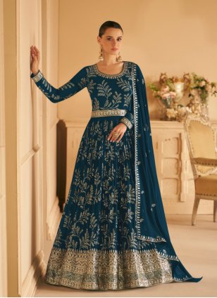 Embroidered Rama and Teal Georgette Gown