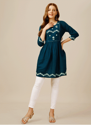 Embroidered Rayon Kurta Tunic in Blue