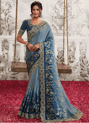Embroidered work Blue color fabric Embroidered Traditional Saree