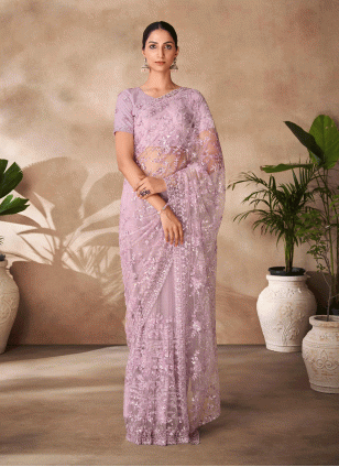 Embroidered work Lavender color Net fabric Embroidered Traditional Saree