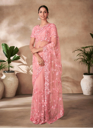 Embroidered work Peach color Net fabric Embroidered Traditional Saree