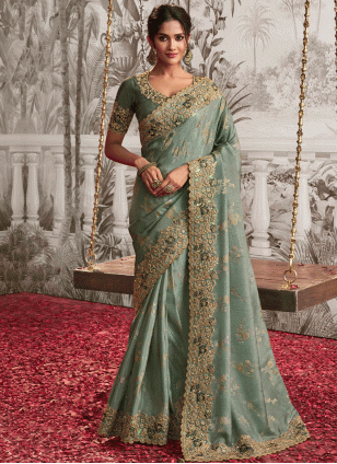 Embroidered work Pista green color fabric Embroidered Traditional Saree
