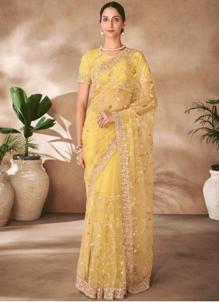 Embroidered work Yellow color Net fabric Embroidered Traditional Saree