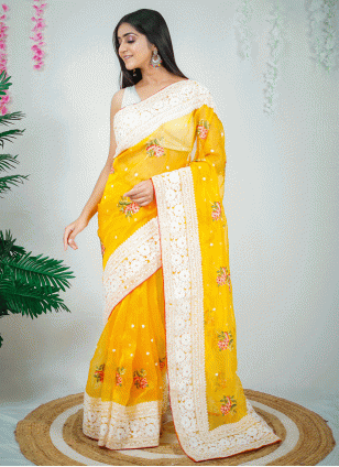 Embroidered work Yellow color Organza fabric Embroidered Traditional Saree