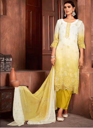 Fab Mustard Embroidered work Readymade Salwar Suits