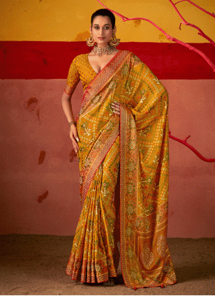 Fancy Work work Gold color Brasso fabric Fancy Work Traditional Saree