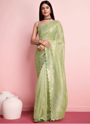 Fancy Work work Pista green color fabric Fancy Work Traditional Saree
