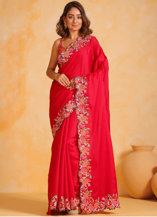 Fancy Work work Red color Tussar Silk fabric Fancy Work Traditional Saree