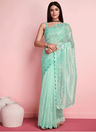 Fancy Work work Sea Green color fabric Fancy Work Traditional Saree