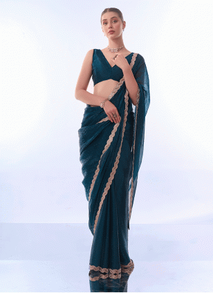 Fancy Work work Teal color fabric Fancy Work Traditional Saree