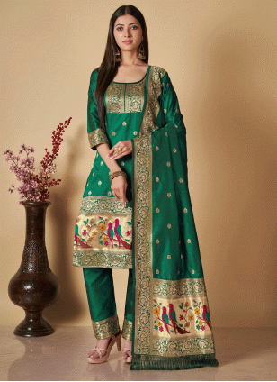Fashionable Green Weaving work Salwar suit