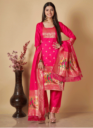 Flamboyant Pink Woven work Salwar suit