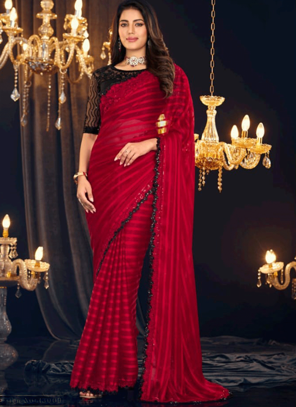 Georgette Black and Red Embroidered work Traditional Saree