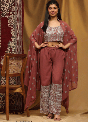 Georgette Embroidered Readymade Salwar Suits in Rust