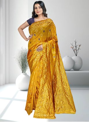 Gold Bhagalpuri Silk Embroidered Contemporary Saree