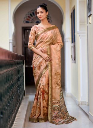 Gold Silk Digital Print Contemporary Sari