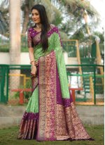Green and Purple Kanjivaram Silk Weaving Classic Sari