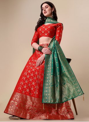 Buy HALFSAREE STUDIO Women Red and Green Embroidered Banarasi Silk and Net  Lehenga Choli with Dupatta Online at Best Prices in India - JioMart.