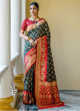 Green and Red color Banarasi Silk Traditional Saree with Woven work