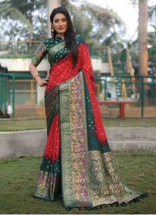 Green and Red Kanjivaram Silk Weaving Trendy Saree