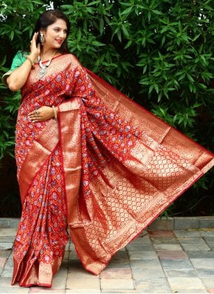 Green and Red Patola Silk Border Silky Saree