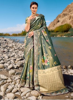 Green Banarasi Silk Embroidered Classic Sari