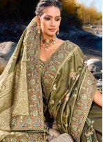 Green Banarasi Silk Embroidered Contemporary Sari