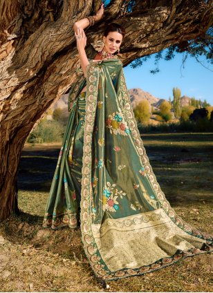 Green Banarasi Silk Embroidered Trendy Sari