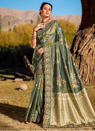 Green Banarasi Silk Embroidered Trendy Sari