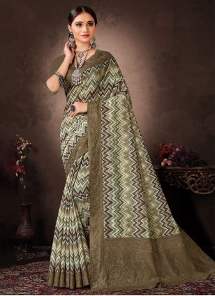 Green Chanderi Digital Print Classic Sari