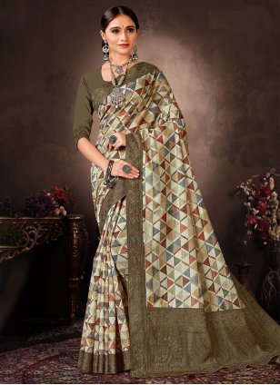 Green Chanderi Digital Print Contemporary Saree