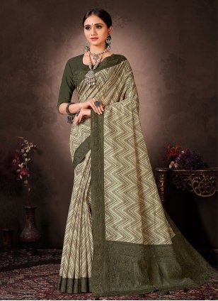 Green Chanderi Digital Print Silky Sari