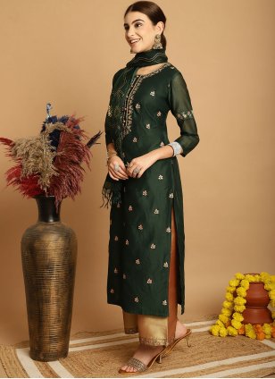 
                            Green Chanderi Embroidered Palazzo Salwar Suit